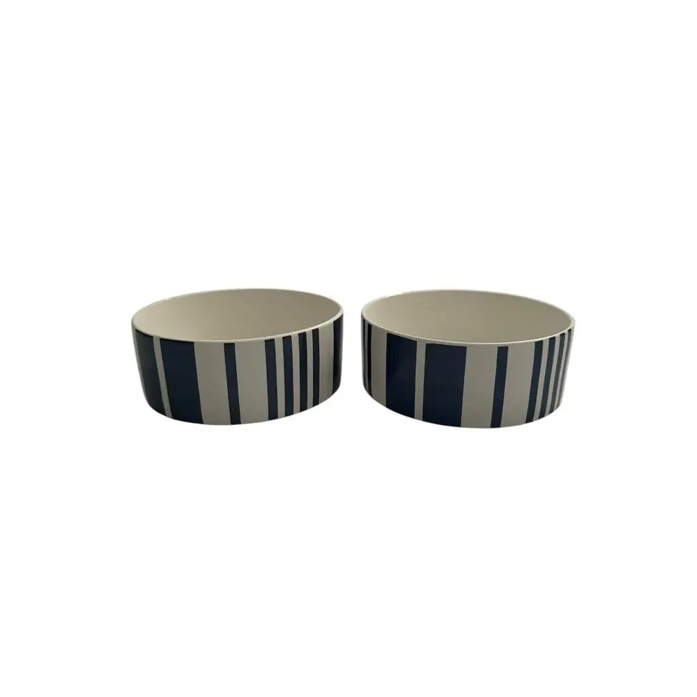 Fringe Good Eats Dog Bowls Stoneware White with Blue Stripes Set of 2